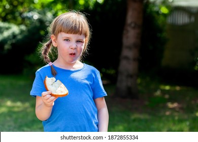 Fussy Eater, Little Girl, Picky Child Eating A Slice Of Bread With Butter Displeased, Choosy Kid Behavior, Doesn't Want To Eat, Refusing A Meal, Food Aversion, Rebel, Children Grimaces, Making Faces