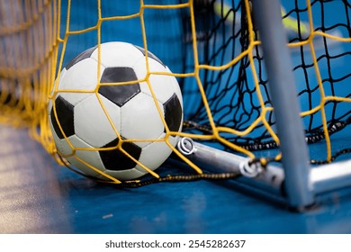 Futsal Ball in a Goal Net. Indoor Soccer Class for Kids at School Sports Hall. White and Black Soccer Ball on the Futsal Floor. Sport Football Practice For Preschool Boys - Powered by Shutterstock