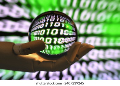 Future of AI artificial intelligence concept - robot hand holding globe with binary data stream in background