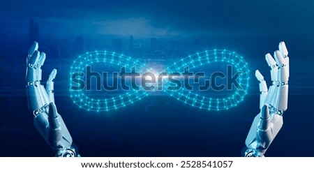 future ai artificial intelligence holding infinity symbol connecting city unlimited internet data usage speed, infinite data user storage cloud computing storage cyberspace network, blue background