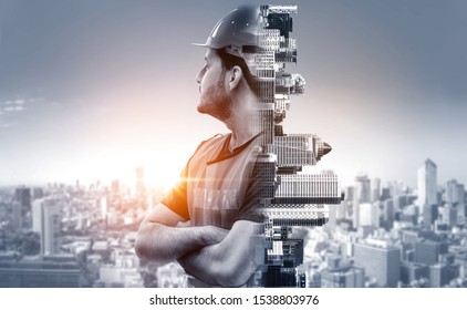 Future building construction engineering project concept and double exposure graphic design  Building engineer  architect people construction worker working and modern civil equipment technology 