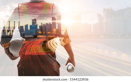Future building construction engineering project concept with double exposure graphic design. Building engineer, architect people or construction worker working with modern civil equipment technology.