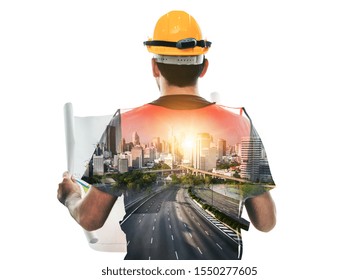 Future Building Construction Engineering Project Concept With Double Exposure Graphic Design. Building Engineer, Architect People Or Construction Worker Working With Modern Civil Equipment Technology.