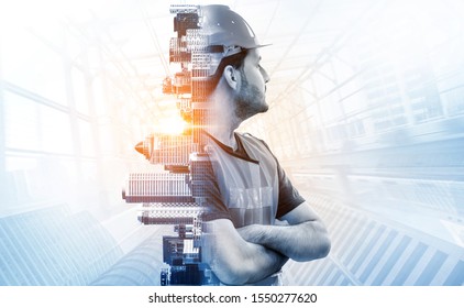 Future Building Construction Engineering Project Concept With Double Exposure Graphic Design. Building Engineer, Architect People Or Construction Worker Working With Modern Civil Equipment Technology.