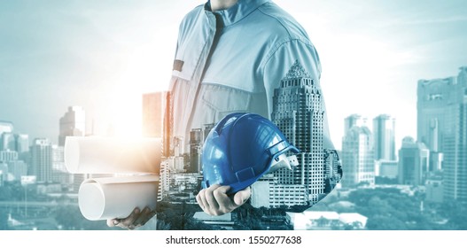 Future building construction engineering project concept with double exposure graphic design. Building engineer, architect people or construction worker working with modern civil equipment technology. - Shutterstock ID 1550277638