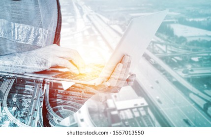 Future building construction engineering project concept with double exposure graphic design. Building engineer, architect people or construction worker working with modern civil equipment technology.