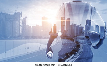 Future building construction engineering project concept with double exposure graphic design. Building engineer, architect people or construction worker working with modern civil equipment technology. - Shutterstock ID 1557013568