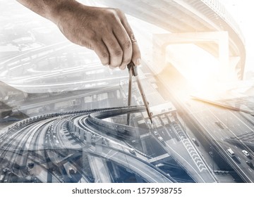 Future building construction engineering project concept with double exposure graphic design. Building engineer, architect people or construction worker working with modern civil equipment technology.