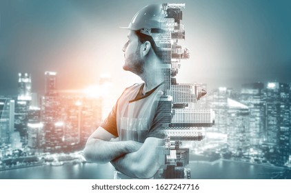 Future building construction engineering project concept with double exposure graphic design. Building engineer, architect people or construction worker working with modern civil equipment technology.