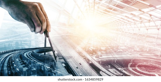 Future Building Construction Engineering Project Concept With Double Exposure Graphic Design. Building Engineer, Architect People Or Construction Worker Working With Modern Civil Equipment Technology.