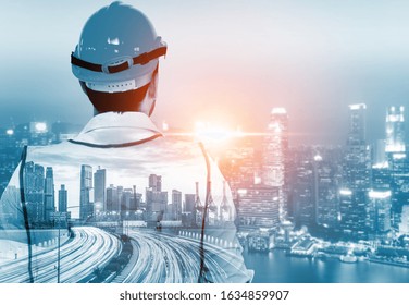 Future building construction engineering project concept with double exposure graphic design. Building engineer, architect people or construction worker working with modern civil equipment technology.