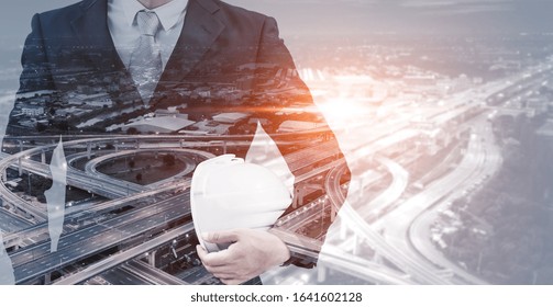 Future building construction engineering project concept with double exposure graphic design. Building engineer, architect people or construction worker working with modern civil equipment technology.