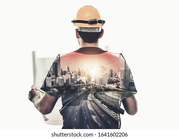 Future Building Construction Engineering Project Concept With Double Exposure Graphic Design. Building Engineer, Architect People Or Construction Worker Working With Modern Civil Equipment Technology.