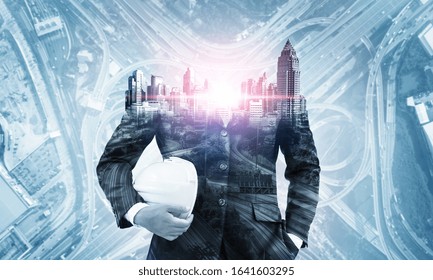 Future building construction engineering project concept with double exposure graphic design. Building engineer, architect people or construction worker working with modern civil equipment technology.