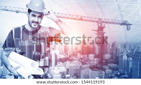 Future building construction engineering project concept with double exposure graphic design. Building engineer, architect people or construction worker working with modern civil equipment technology.
