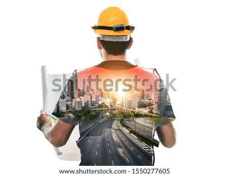 Future building construction engineering project concept with double exposure graphic design. Building engineer, architect people or construction worker working with modern civil equipment technology.