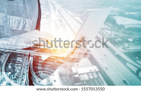 Future building construction engineering project concept with double exposure graphic design. Building engineer, architect people or construction worker working with modern civil equipment technology.