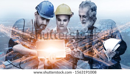 Future building construction engineering project concept with double exposure graphic design. Building engineer, architect people or construction worker working with modern civil equipment technology.