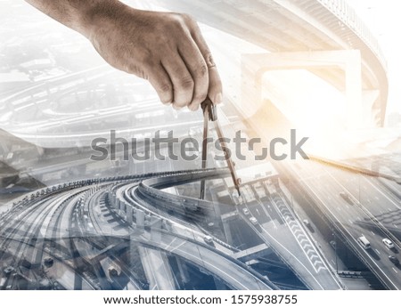 Future building construction engineering project concept with double exposure graphic design. Building engineer, architect people or construction worker working with modern civil equipment technology.
