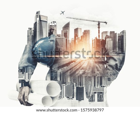 Future building construction engineering project concept with double exposure graphic design. Building engineer, architect people or construction worker working with modern civil equipment technology.