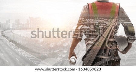 Future building construction engineering project concept with double exposure graphic design. Building engineer, architect people or construction worker working with modern civil equipment technology.