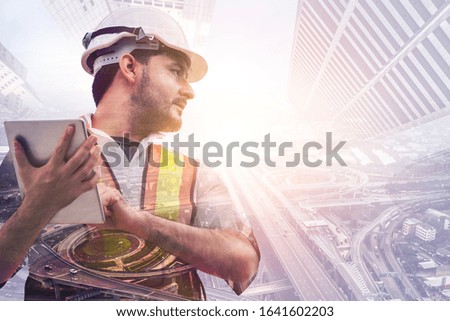 Future building construction engineering project concept with double exposure graphic design. Building engineer, architect people or construction worker working with modern civil equipment technology.