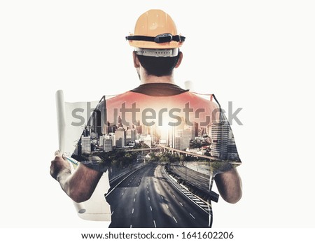 Future building construction engineering project concept with double exposure graphic design. Building engineer, architect people or construction worker working with modern civil equipment technology.