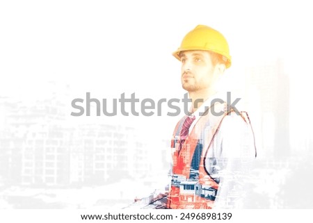 Future building construction engineering project concept with double exposure graphic design. Building engineer, architect people or construction worker working with modern civil equipment technology