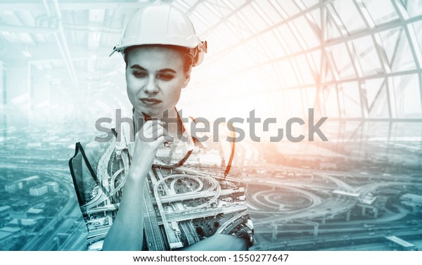 Future building construction engineering
project concept with double exposure graphic design. Building
engineer, architect people or construction worker working with
modern civil equipment
technology.