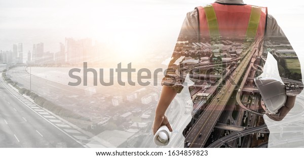 Future building construction engineering\
project concept with double exposure graphic design. Building\
engineer, architect people or construction worker working with\
modern civil equipment\
technology.