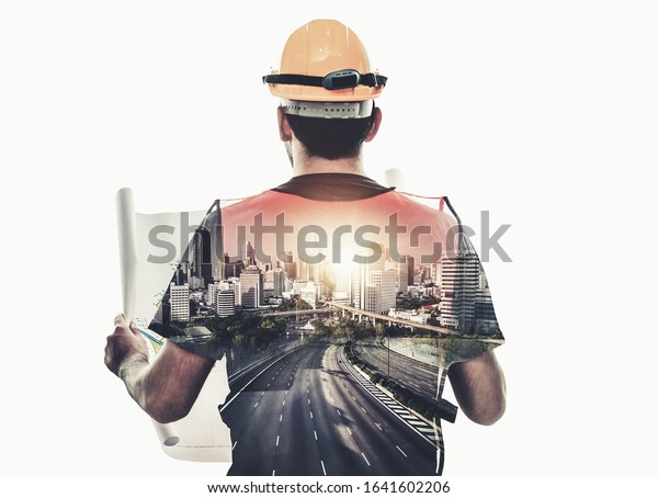 Future building construction engineering\
project concept with double exposure graphic design. Building\
engineer, architect people or construction worker working with\
modern civil equipment\
technology.