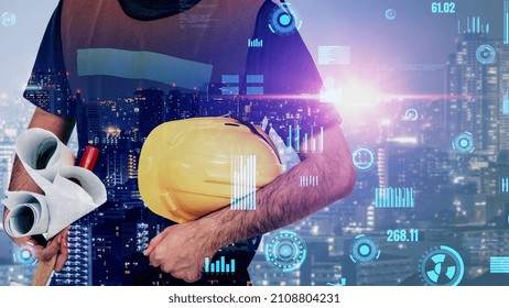 Future building construction and inventive engineering project concept with HUD hologram graphic design. Building engineer, architect people or construction worker works with modern civil technology.