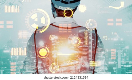 Future building construction and inventive engineering project concept with HUD hologram graphic design. Building engineer, architect people or construction worker works with modern civil technology. - Powered by Shutterstock - Get 15% off with code: PIKWIZARD15