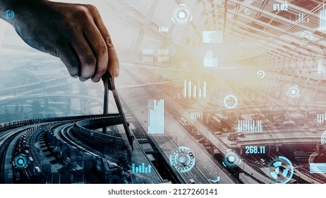 Future building construction and inventive engineering project concept with HUD hologram graphic design. Building engineer, architect people or construction worker works with modern civil technology.