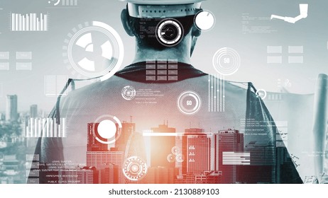 Future building construction and inventive engineering project concept with HUD hologram graphic design. Building engineer, architect people or construction worker works with modern civil technology.