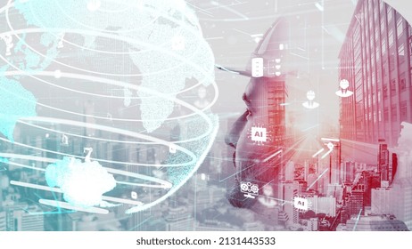 Future building construction and inventive engineering project concept with HUD hologram graphic design. Building engineer, architect people or construction worker works with modern civil technology.