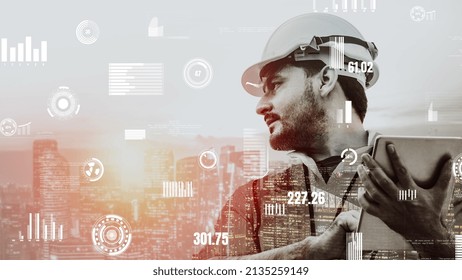 Future building construction and inventive engineering project concept with HUD hologram graphic design. Building engineer, architect people or construction worker works with modern civil technology.