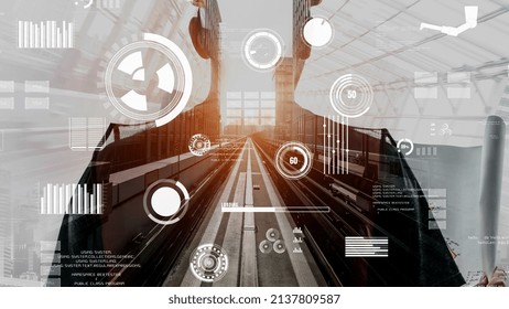 Future building construction and inventive engineering project concept with HUD hologram graphic design. Building engineer, architect people or construction worker works with modern civil technology.