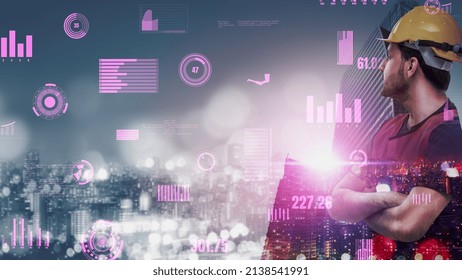 Future building construction and inventive engineering project concept with HUD hologram graphic design. Building engineer, architect people or construction worker works with modern civil technology.