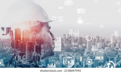 Future building construction and inventive engineering project concept with HUD hologram graphic design. Building engineer, architect people or construction worker works with modern civil technology.