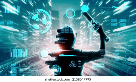 Future building construction and inventive engineering project concept with HUD hologram graphic design. Building engineer, architect people or construction worker works with modern civil technology.