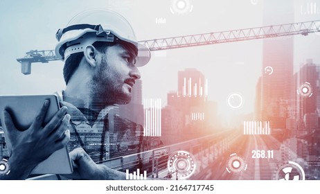 Future building construction and inventive engineering project concept with HUD hologram graphic design. Building engineer, architect people or construction worker works with modern civil technology.