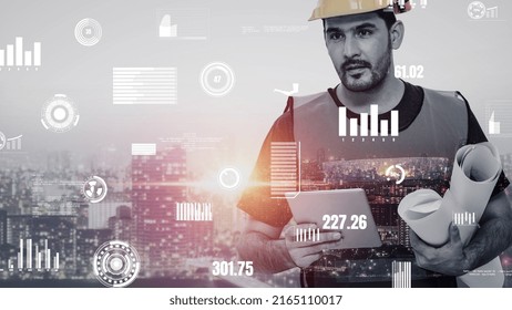 Future building construction and inventive engineering project concept with HUD hologram graphic design. Building engineer, architect people or construction worker works with modern civil technology.