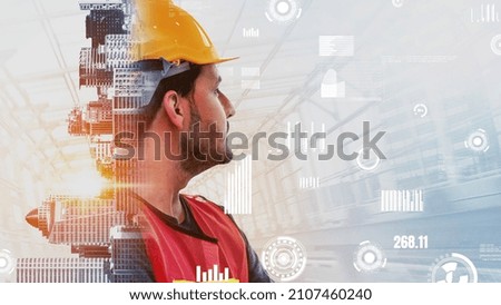 Future building construction and inventive engineering project concept with HUD hologram graphic design. Building engineer, architect people or construction worker works with modern civil technology.
