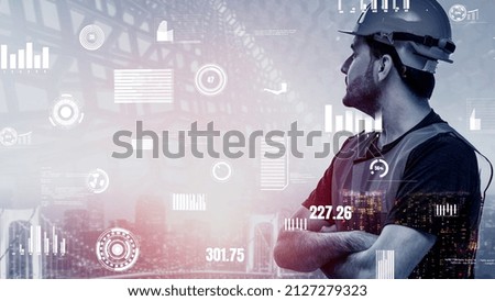 Future building construction and inventive engineering project concept with HUD hologram graphic design. Building engineer, architect people or construction worker works with modern civil technology.