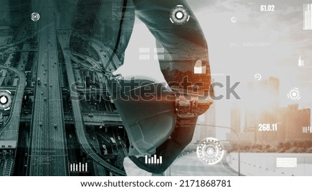 Future building construction and inventive engineering project concept with HUD hologram graphic design. Building engineer, architect people or construction worker works with modern civil technology.