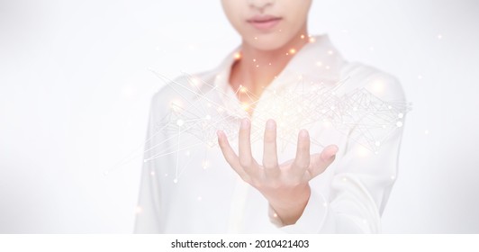 Future Business is Cloud and Internet of Thing, in your hand. Connection information system is key to Cyber Security on palm, concept woman can do, off white background copy space