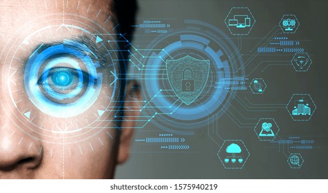 Future Cyber Security Data Protection By Biometrics Scanning With Human Eye To Unlock And Give Access To Private Digital Data. Futuristic Technology Innovation Concept.