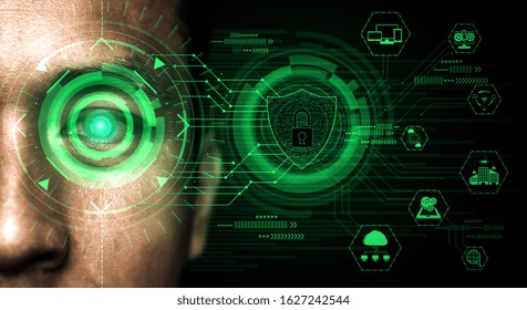 Future cyber security data protection by biometrics scanning with human eye to unlock and give access to private digital data. Futuristic technology innovation concept.