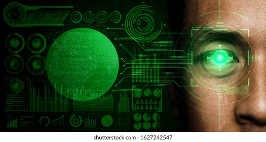 Future cyber security data protection by biometrics scanning with human eye to unlock and give access to private digital data. Futuristic technology innovation concept.